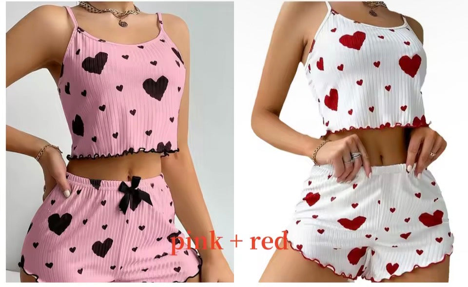 Women's Pajamas Set Sleepwear 2 PCS Short Tank Tops And Shorts S M L White Ventilate Soft Casual Love Printing
