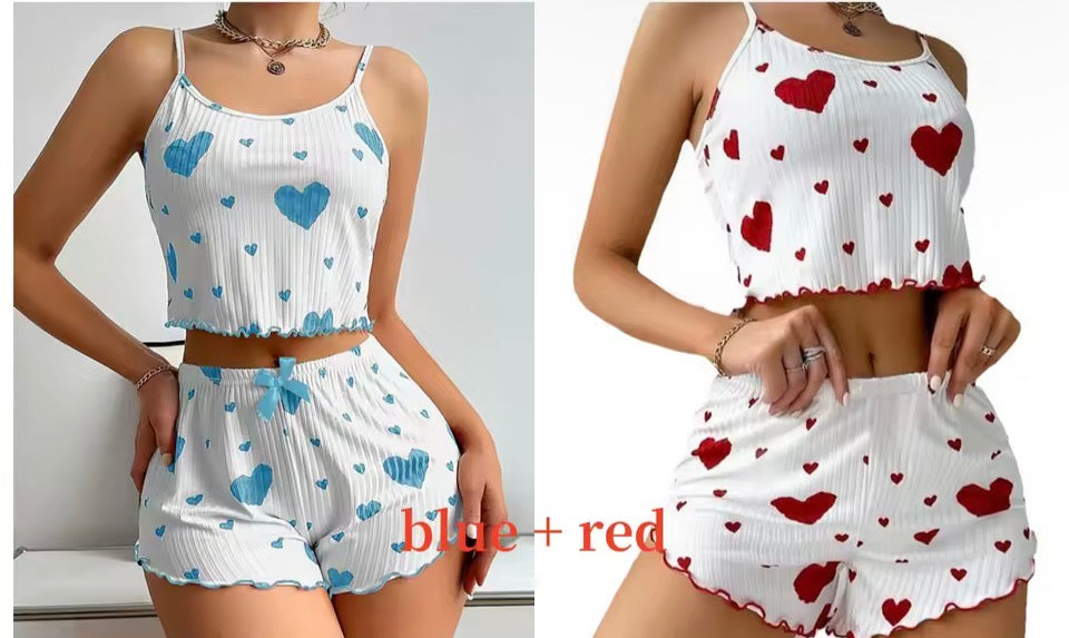 Women's Pajamas Set Sleepwear 2 PCS Short Tank Tops And Shorts S M L White Ventilate Soft Casual Love Printing