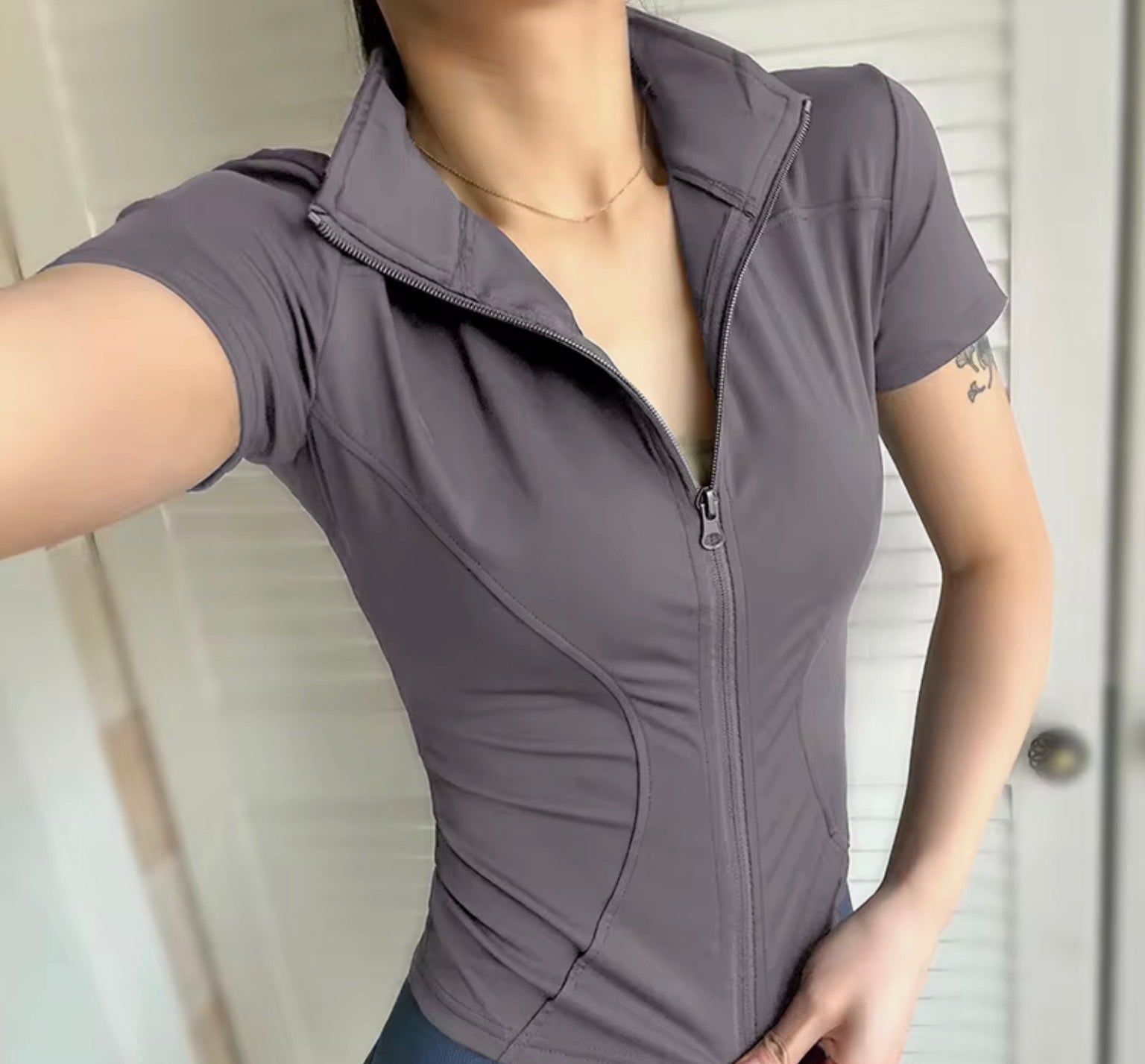 Summer High Quality Waist Slimming Training Tops Women's Quick-drying Tight Stand Collar Full Zipper Short Sleeves Yoga shirts