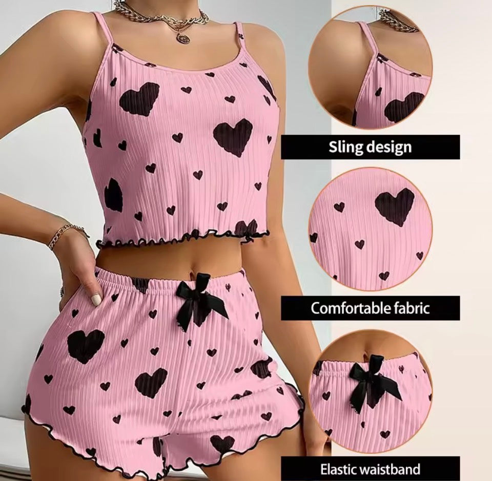 Women's Pajamas Set Sleepwear 2 PCS Short Tank Tops And Shorts S M L White Ventilate Soft Casual Love Printing