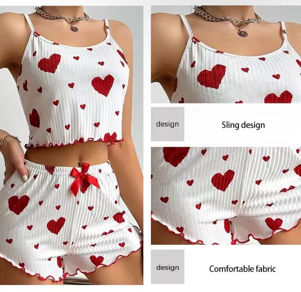 Women's Pajamas Set Sleepwear 2 PCS Short Tank Tops And Shorts S M L White Ventilate Soft Casual Love Printing