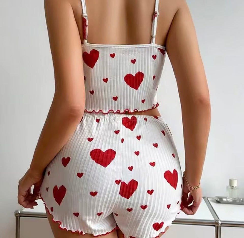Women's Pajamas Set Sleepwear 2 PCS Short Tank Tops And Shorts S M L White Ventilate Soft Casual Love Printing