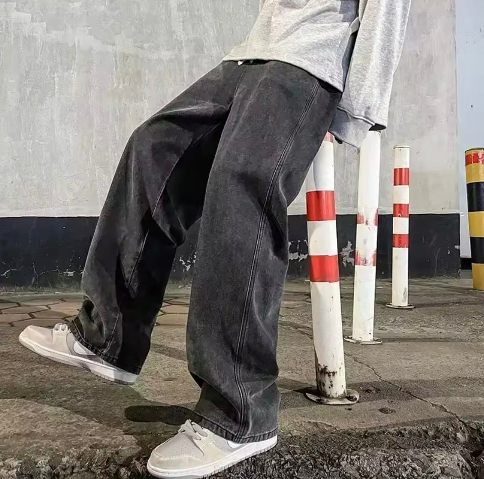 Korean Style Streetwear New Fashion Baggy Casual Men Jeans High Street Harajuku  Denim Trousers Men Brand pants Black grey Blue
