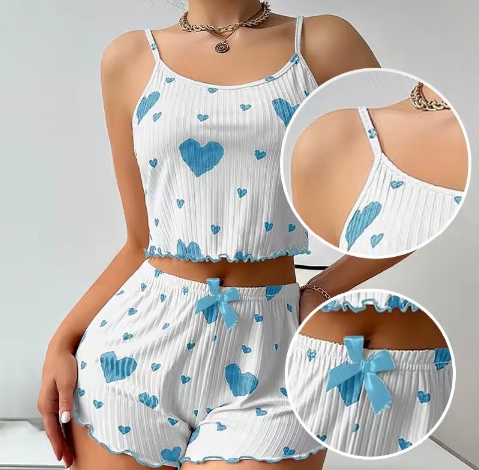Women's Pajamas Set Sleepwear 2 PCS Short Tank Tops And Shorts S M L White Ventilate Soft Casual Love Printing