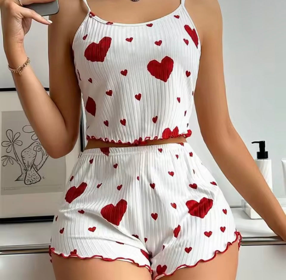 Women's Pajamas Set Sleepwear 2 PCS Short Tank Tops And Shorts S M L White Ventilate Soft Casual Love Printing
