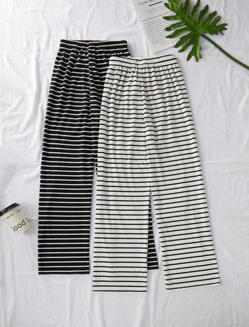 2pcs Women Casual Knit Striped Print Drawstring Waist Lounge Cozy Pants Set, Fall Winter Clothes