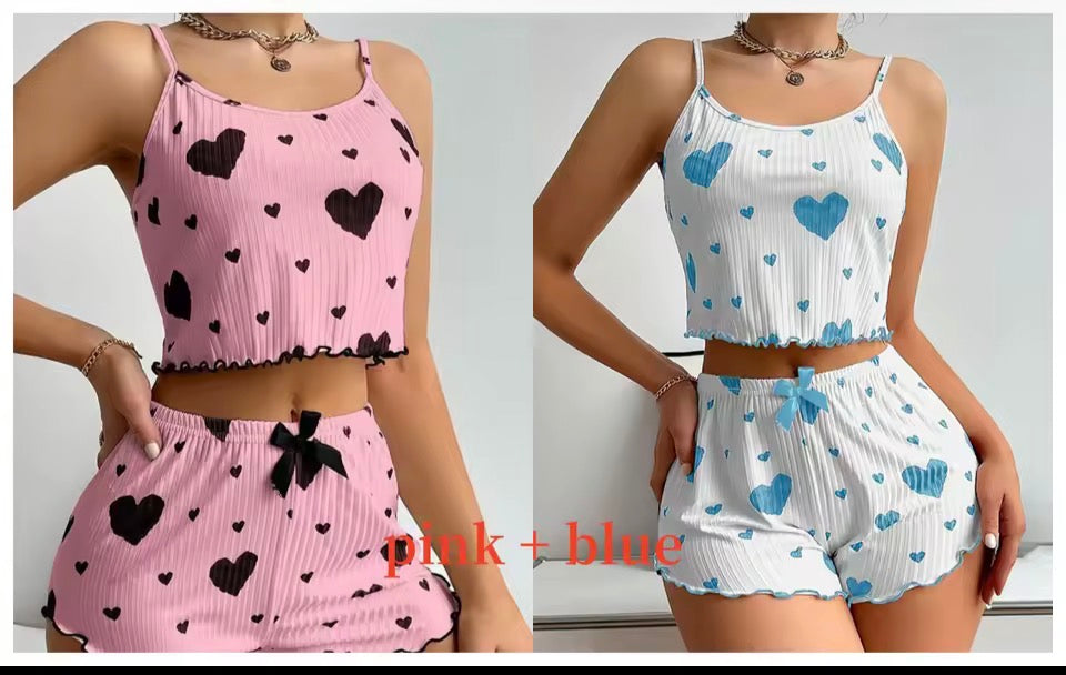 Women's Pajamas Set Sleepwear 2 PCS Short Tank Tops And Shorts S M L White Ventilate Soft Casual Love Printing