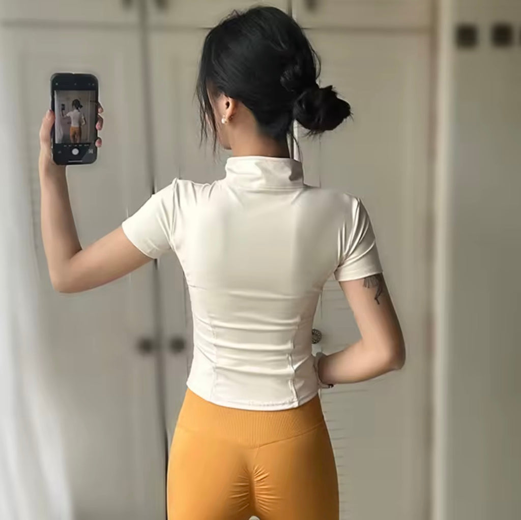 Summer High Quality Waist Slimming Training Tops Women's Quick-drying Tight Stand Collar Full Zipper Short Sleeves Yoga shirts
