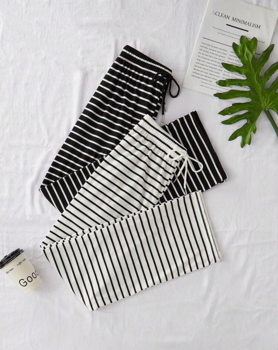 2pcs Women Casual Knit Striped Print Drawstring Waist Lounge Cozy Pants Set, Fall Winter Clothes