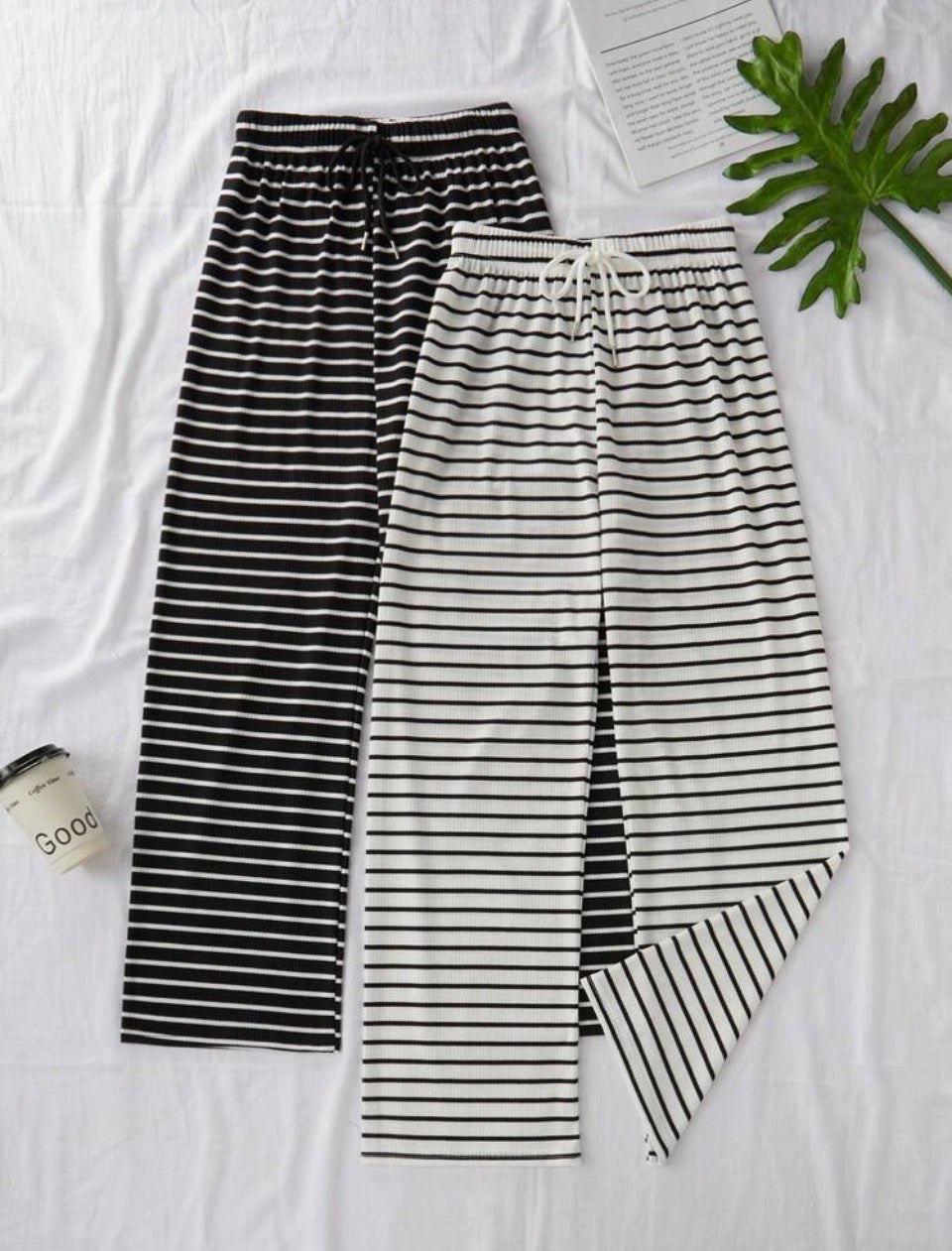 2pcs Women Casual Knit Striped Print Drawstring Waist Lounge Cozy Pants Set, Fall Winter Clothes