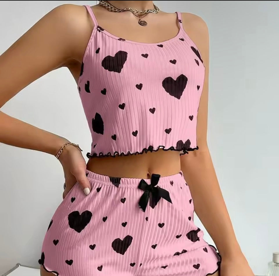 Women's Pajamas Set Sleepwear 2 PCS Short Tank Tops And Shorts S M L White Ventilate Soft Casual Love Printing